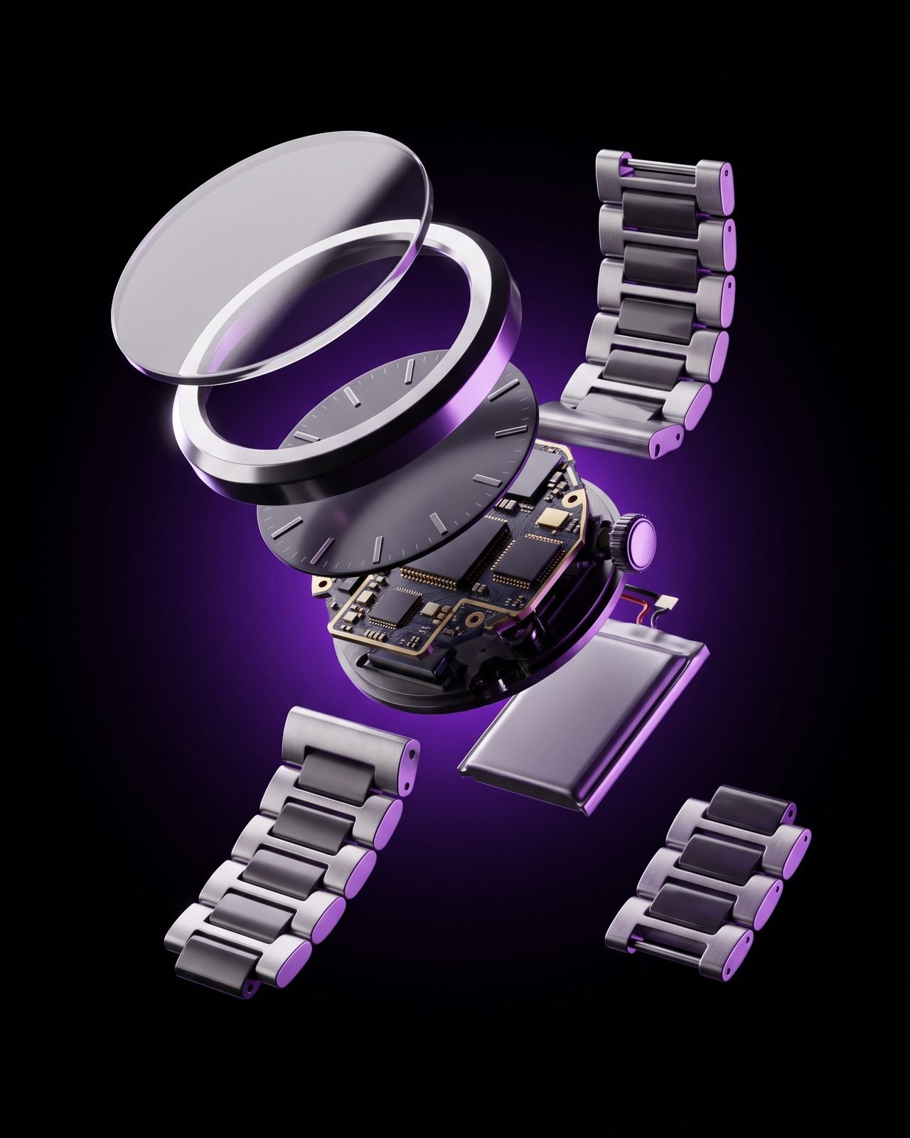 Illustration: a smartwatch shown as an exploded 3D view