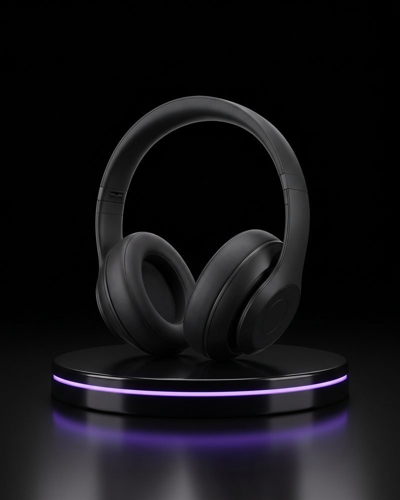 Illustration: headphones on a glowing turntable